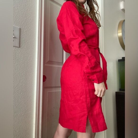 Pendleton Linen Belted Button Down Dress Sz Medium Red - Picture 2 of 4
